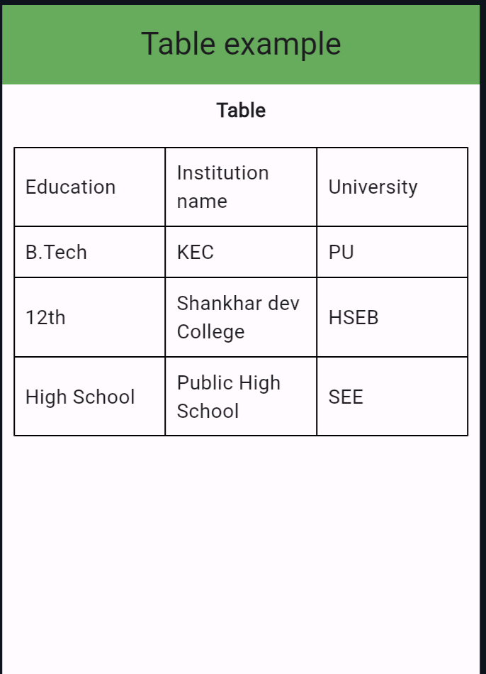 Output of the Dynamic Table Widget in Flutter